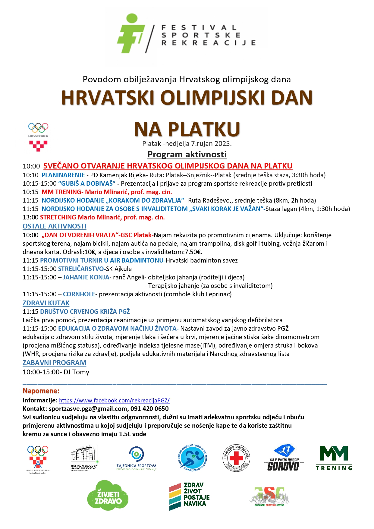 Obilježavanje Hrvatskog olimpijskog dana na Platku u nedjelju 07.09.2025