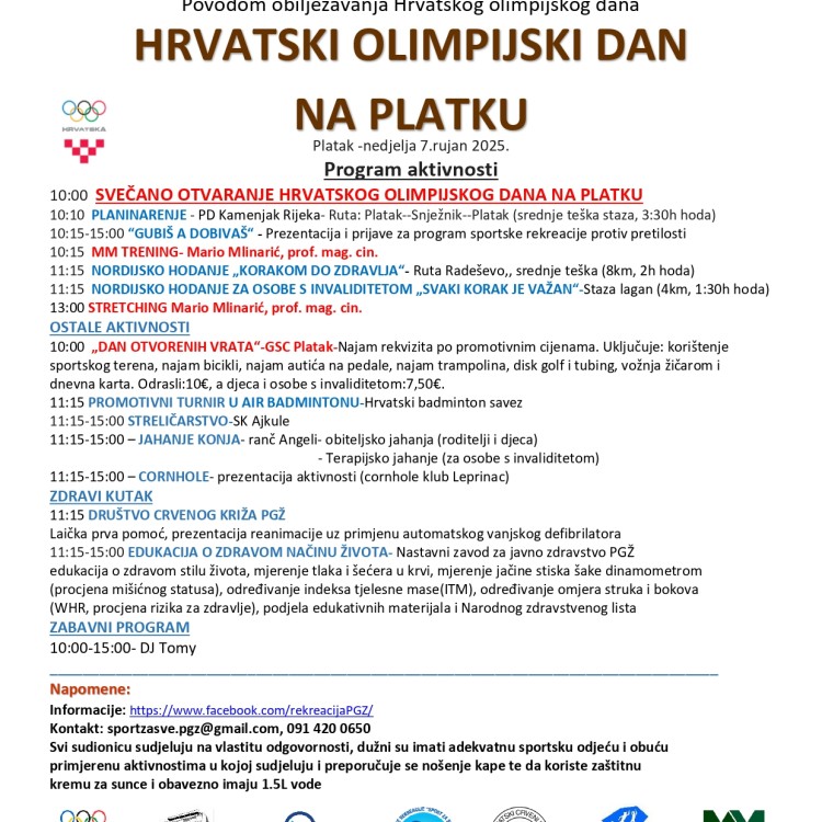Obilježavanje Hrvatskog olimpijskog dana na Platku u nedjelju 07.09.2025
